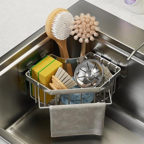 Corner Sink Organizer, Silver Stainless Steel Sponge Holder with Towel Bar, Self-Adhesive Kitchen Storage Rack, 6.3x6.3x3.2 Inches