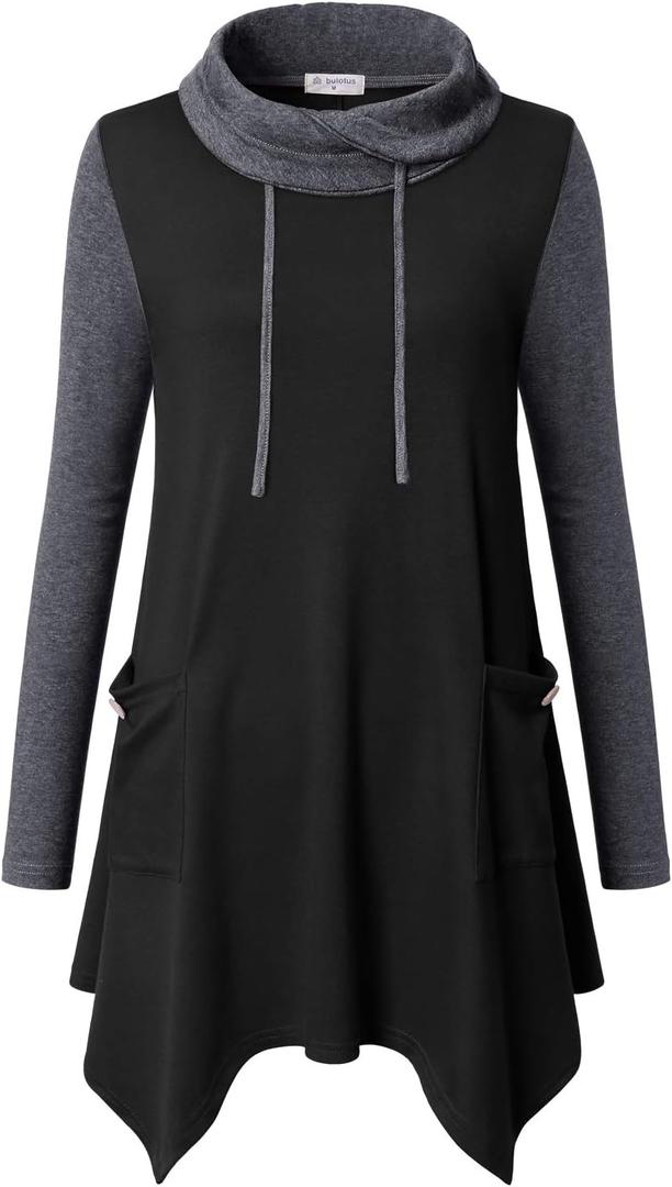 Bulotus Women's Long Sleeve Cowl Neck Asymmetrical Hem Tunic Tops with Pockets (Medium, Black Gray Patchwork)