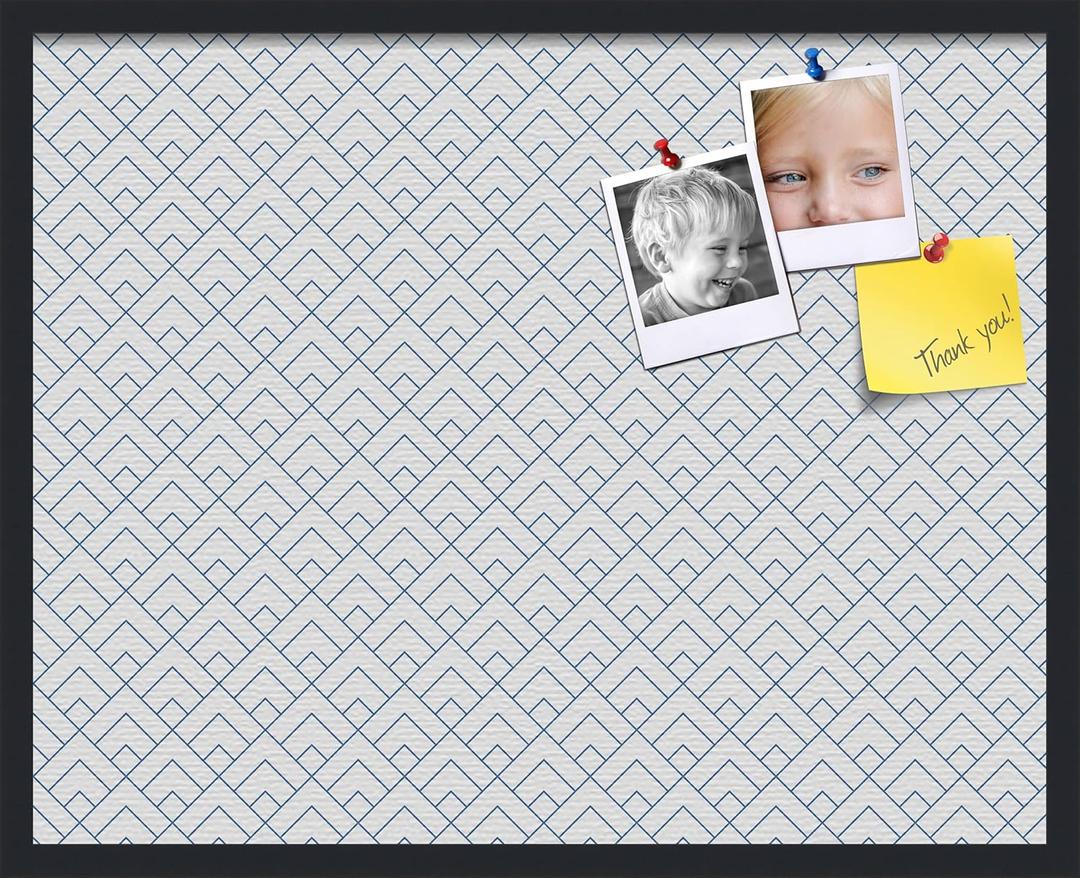 PinPix 30x24 inch Cork Bulletin Board. This Decorative Framed Pin Board Comes with Peaks Modern Pattern White Navy Design and Satin Black. Ideal for Home, Office Decor or School (PinPix-1797) (30" x 24")