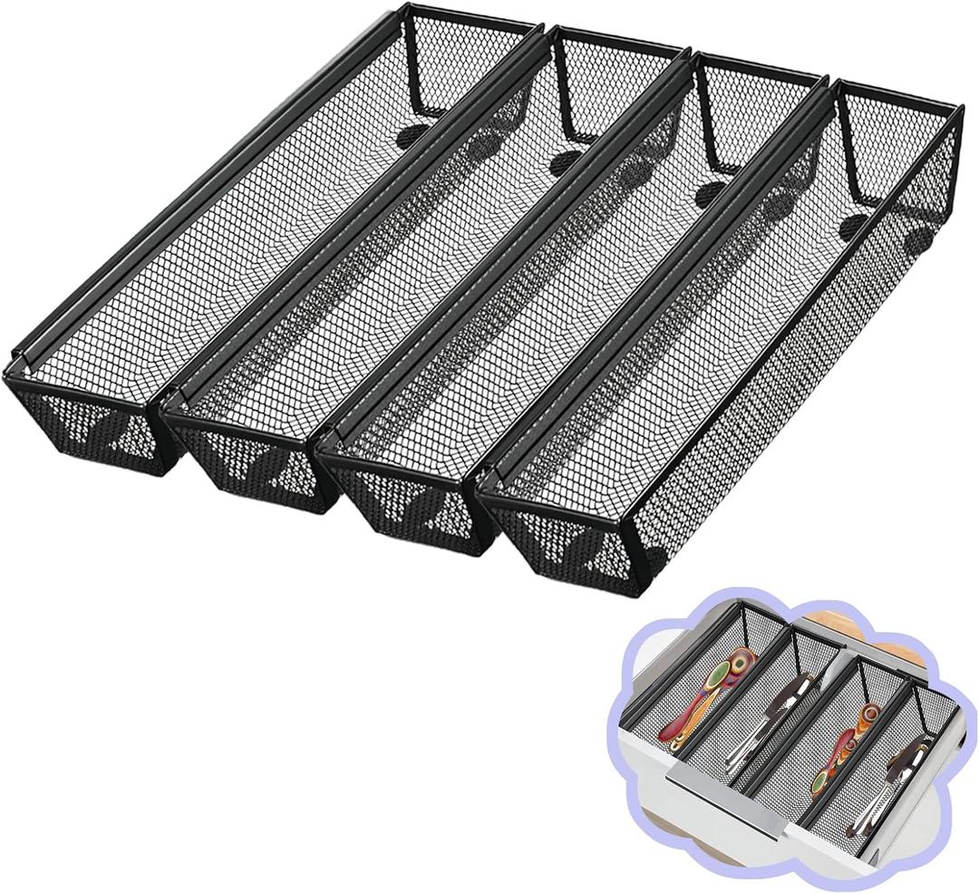4PCS Drawer Organizer for Kitchen,Utensil Mesh Drawer Organizer with Interlocking Arm for Cosmetic,Flatware,Pen (12 * 3 * 2 Inches,Black)