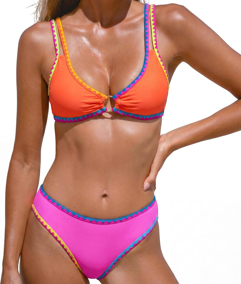 RIHOAS Women's Two Pieces Triangle Bikini Sets O Ring Linked Swimsuits Summer Beach Bathing Suit (Orange, S)