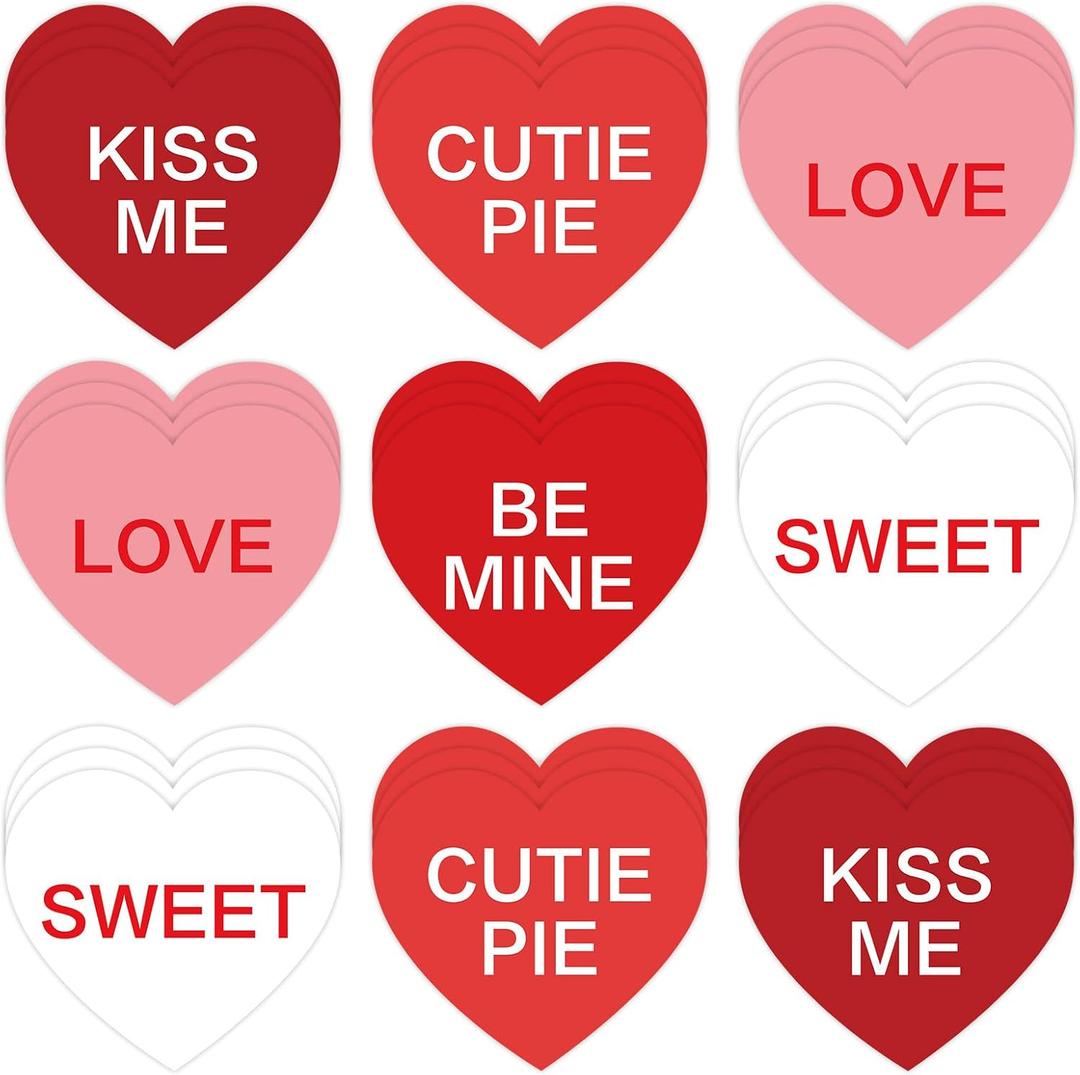 3 x Valentine's Day Heart Cutouts Cut-Outs Red White Conversation Heart Paper Cutting with 100 Pcs Glue Points for School Classroom Bulletin Board Decor DIY Crafts Party, 50 Pcs