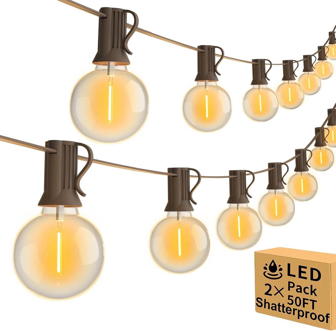 100ft 2-Pack Outdoor String Lights,Dimmable G40 LED String Lights with 52 Shatterproof Clear Bulbs UL Approval Waterproof Globe 1W 2700K Outdoor Lighting for Backyard Porch Cafe Party Wedding Garden (Brown Wire)