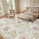 12x12 Square Area Rug Living Room: Boho Floral Washable Mat for Dining Room Bedroom Office High Traffic Area Soft Non Slip Low Pile Indoor Carpet for Vintage Farmhouse Home Decor (12ft Square, Beige)