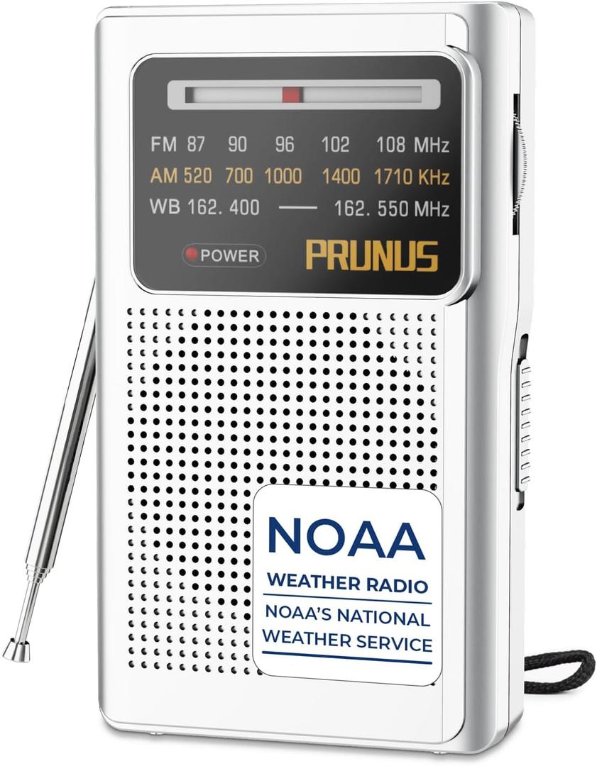 PRUNUS J-161 Pocket NOAA Weather Radio, AM FM Radio Battery Operated by 2 AA Transistor Radio with Best Reception,Stereo Earphone Jack, for Emergency,Hurricane,Running, Walking,Home (Silver) (White)