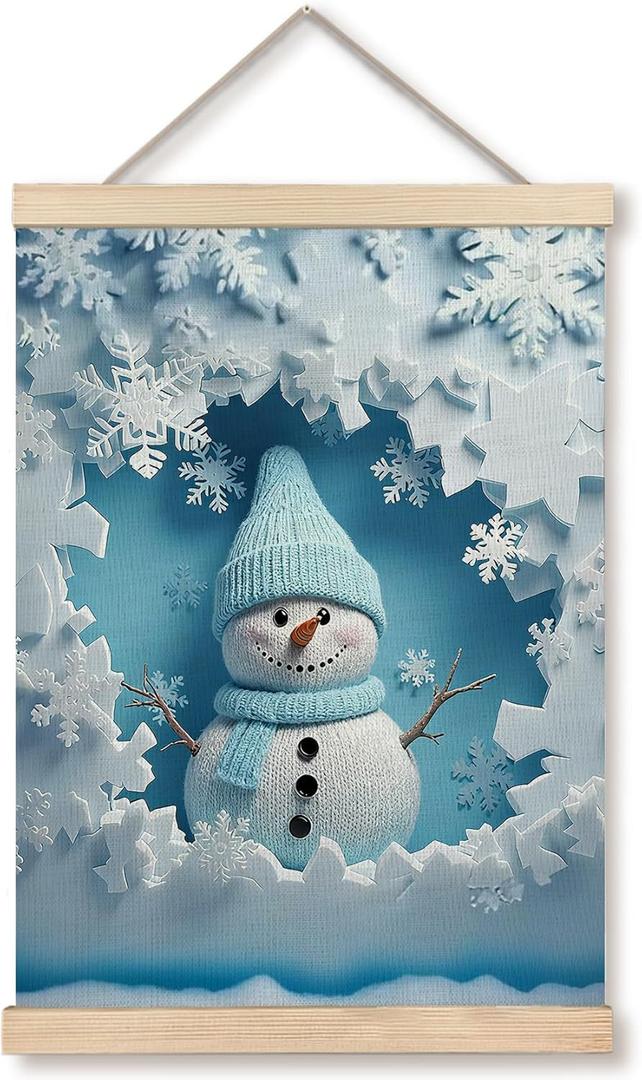 Qykwz Blue Christmas Snowman Wall Art Poster, Blue Snowman Decor, Pastel Xmas Snowflake Winter Holiday Wall Decor Canvas Prints for Home Bedroom Living Room, 12x16 in (color_7)