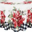 Newbridge Poinsettia Festivity Gingham Bordered Christmas Fabric Tablecloth, Holiday Red Poinsettia & Holly Print, Easy Care Stain Release, 60 x 84 Inch Oval (Multi Color)