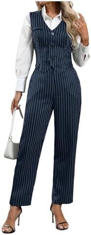 SOLY HUX Women's 2 Piece Outfits V Neck Button Down Sleeveless Blazer Vest and Pants Work Office Set S