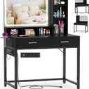 Small Vanity Desk, Vanity Desk with Mirror and Lights, Makeup Vanity Desks with Power Strip, Vanity Table with Drawers and Shelves, Adjustable Lighting, Dressing Table for Bedroom Room, Black