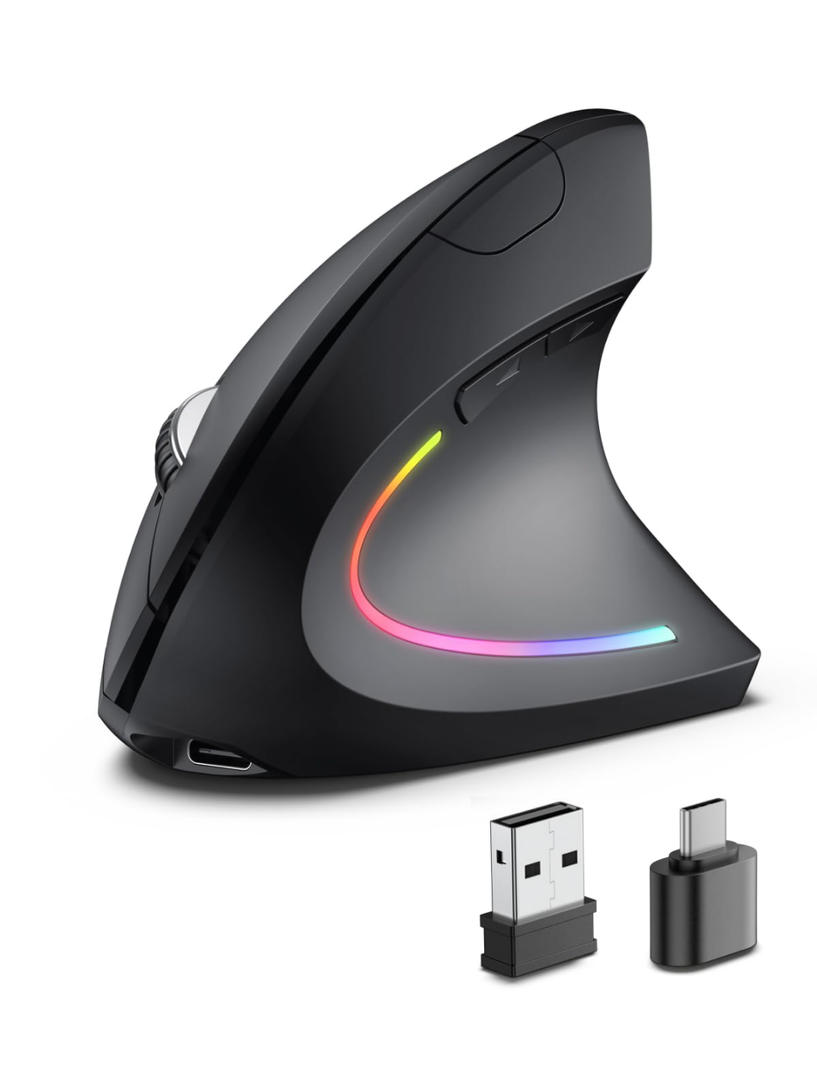 Ergonomic Wireless Rechargeable Mouse, Bluetooth+USB A+Type C(3 in 1) Connection, 5 Levels Up to 4800 DPI, 6 Silent Buttons, 2.4GHz Carpal Tunnel Vertical Mice, for Laptop, Desktop,MacBook-black