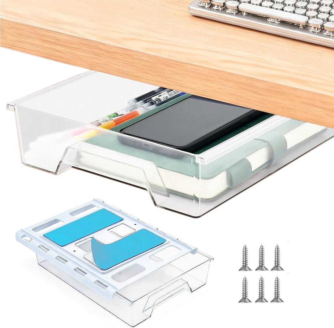 Under Desk Drawer Organizer, Self Adhesive Hidden Drawer Storage, Slide Out Desk Organizer, Space Saving Pencil & Accessories Organizer, Under Table Storage for Home Office & School, Clear
