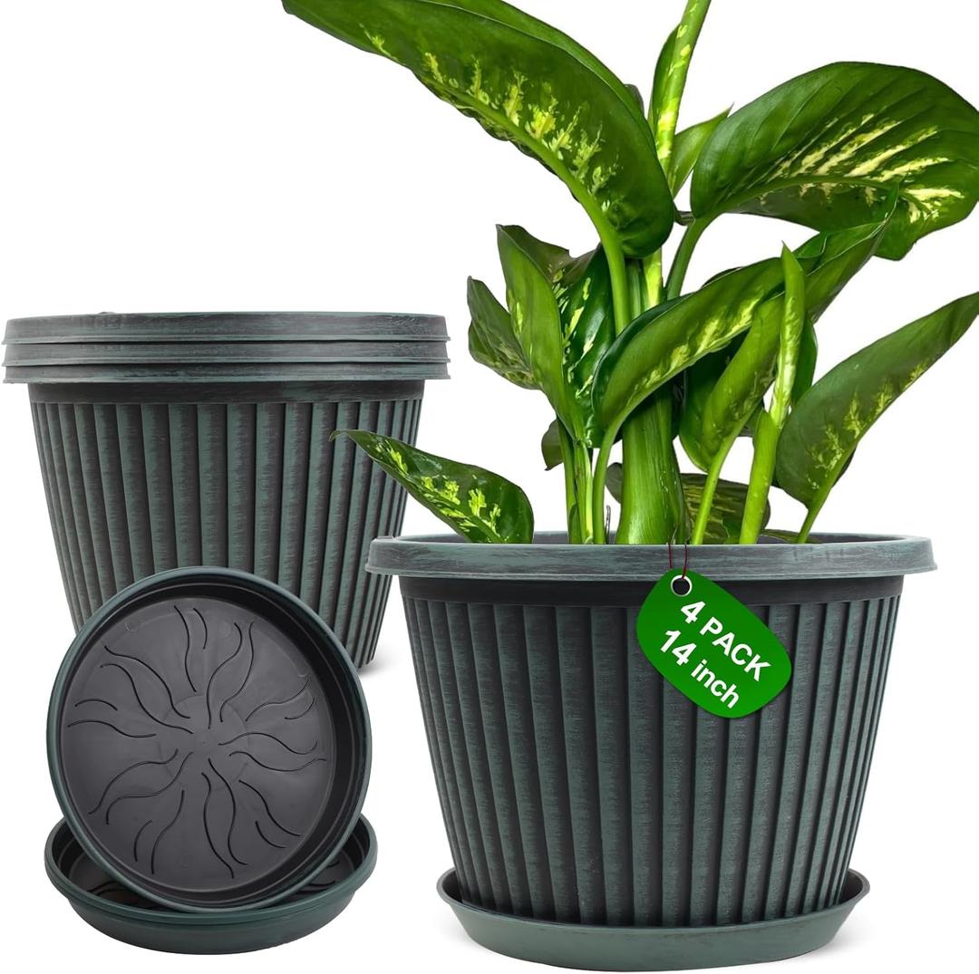 Large-Planter-Indoor-Outdoor Plant Pots, 14 inch 4 Pack Plastic Flower Pots with Saucer And Drainage Holes, Modern Garden Planters For Planting Medium Large Plants, Decorative Resin Garden Pots (Dark Green)