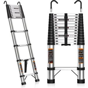 Telescoping Ladder 16.5 FT Stainless Steel Extension Ladder with 2 Detachable Hooks, Portable Multi-Purpose Collapsible Telescope Ladder for Home,RV,Outdoor Work, 330lbs Max Capacity