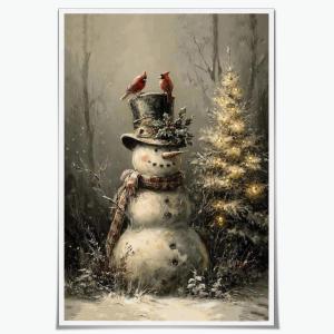 Retro Christmas Winter Canvas Prints Wall Art Decor Cute Snowman With Birds Picture Poster Gothic Moody Snowy Nostalgic Christmas Painting for Living Room Bedroom Decor Unframed8x12inch (12L" x 8W")