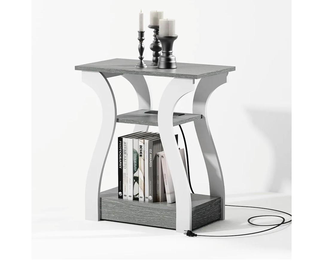 End Tables Living Room, Grey End Table with Charging Station, Grey Side Table, Nightstand for Bedroom, 3 Tier End Table with Storage Shelf for Living Room
