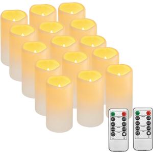 15PACK Outdoor Plastic flameless Candles with Remote Control and Timer, LED Flickering Battery Operated Electric Pillar Candles (D3 xH5.5) for Camping, Weddings, Home Decoration (Plastic Waterpoof - Set of 15 lvory)