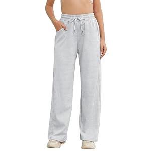 M MOTEEPI Grey Women Sweatpants Wide Leg Baggy Lounge Sweat Pants with Elastic Waist Casual Trousers 30" Petite Straight Leg Bottom S