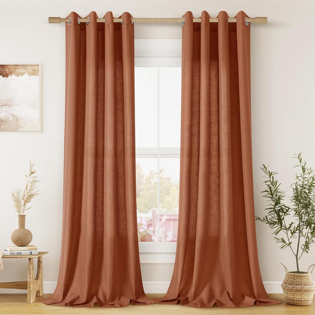Terracotta Linen Curtains 102 Inches Long for Living Room Sliding Door 2 Panels Semi Sheer Light Filtering Farmhouse Rust Colored Red Clay Window Curtain Drape 102 Inch Length for Dining Bedroom