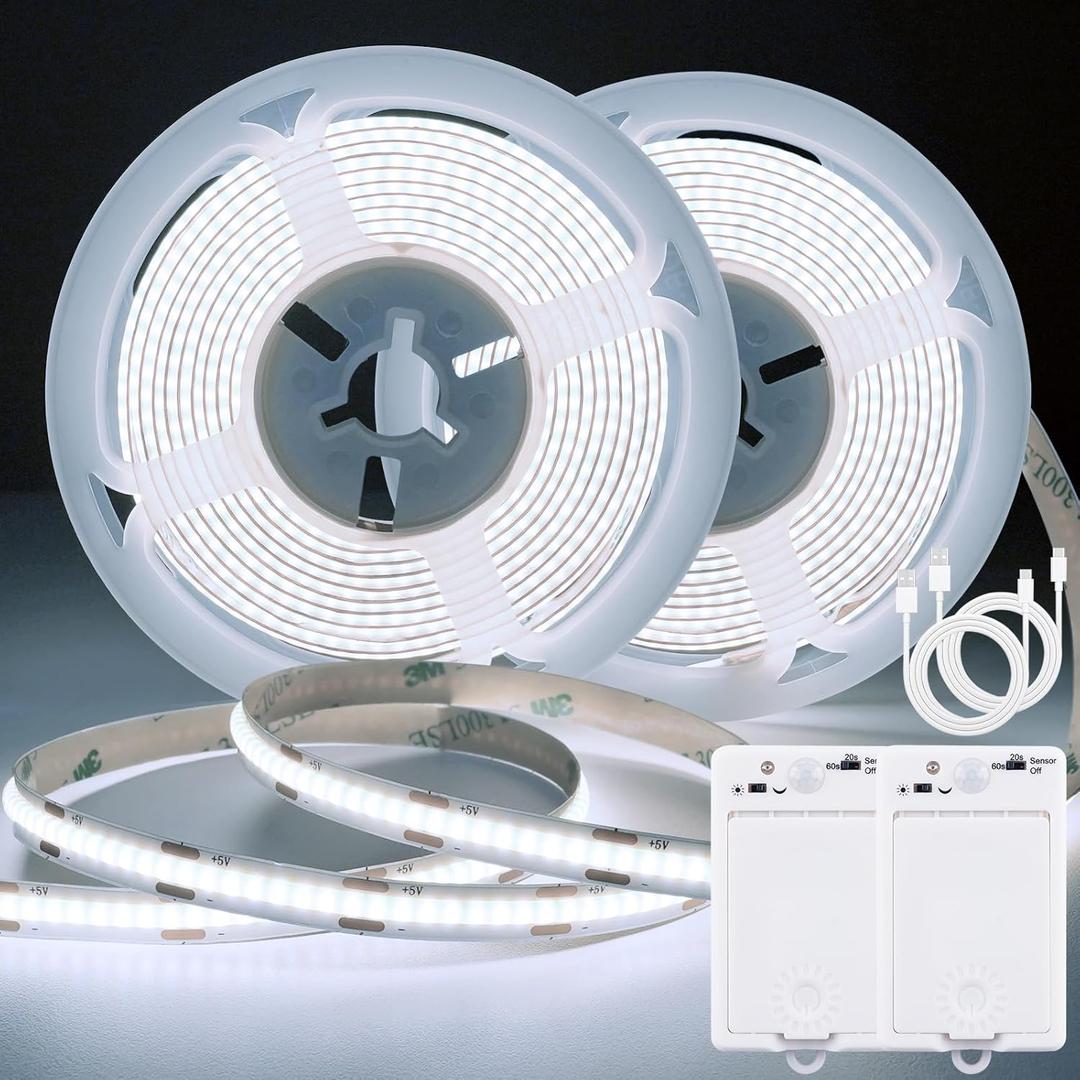 OMIKA COB Motion Sensor LED Strip Light, 6.56ft 640LEDs Closet Lights, Rechargeable Battery Operated Stair Strip Lights for Bed, Pantry, Shelves, Cabinet, Locker, 6000K Cool White, 2 Pack