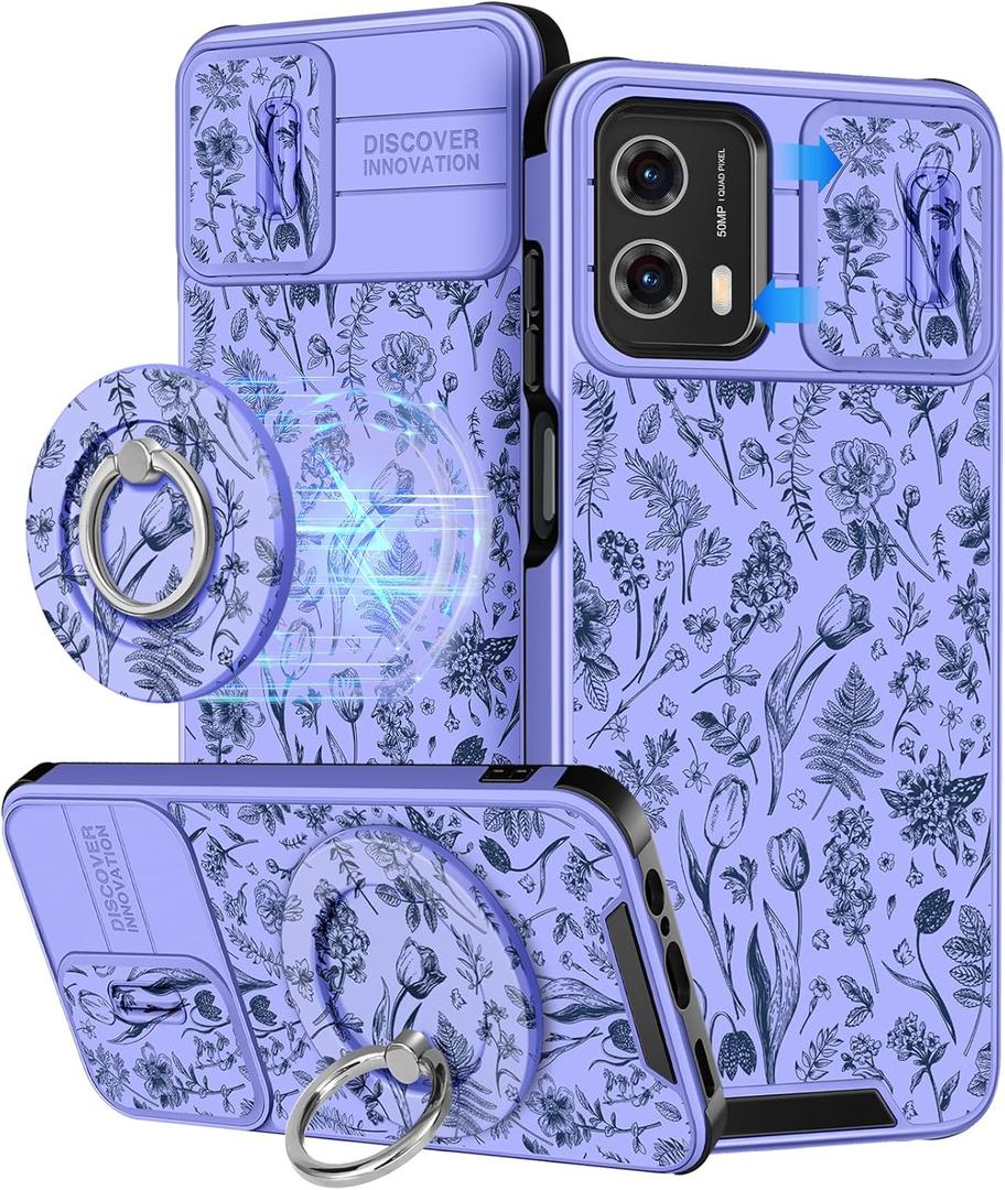 Buleens for Moto G Power 5G 2024 Case - with Ring Stand & Camera Cover Aesthetic Cute Designed Women Girls Kawaii Flowers Floral Girly for Motorola G Power 5G 2024 Phone Case Compatible with Magsafe