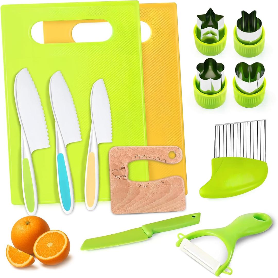 13PCS Toddler Knife Set- Kids Knifes for Real Cooking,Montessori Toy Safe Kitchen Knife Set for Toddler, Cutting Board,Gift for 3-12 Year Old Girl Boy