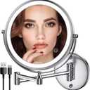 Rocollos Rechargeable Wall Mounted Lighted Makeup Mirror Chrome, 8 Inch Double-Sided LED Vanity Mirror 1X/ 10X Magnification, 3 Color Lights Touch Screen Dimmable 360° Swivel 13 Inch Extendable