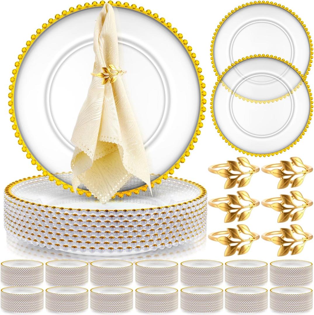Bokon 50 Set Clear Charger Plates Bulk 13 Inch Beaded Plastic Charger Plates with Napkin Rings Acrylic Round Dinner Table Decorative Plates for Party Wedding Thanksgiving(Clear and Gold)