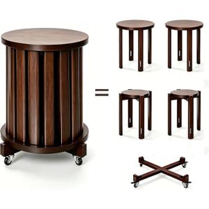 Stackable Dining Stools Set of 4, 18" Solid Wood Nesting Stools with Wheels