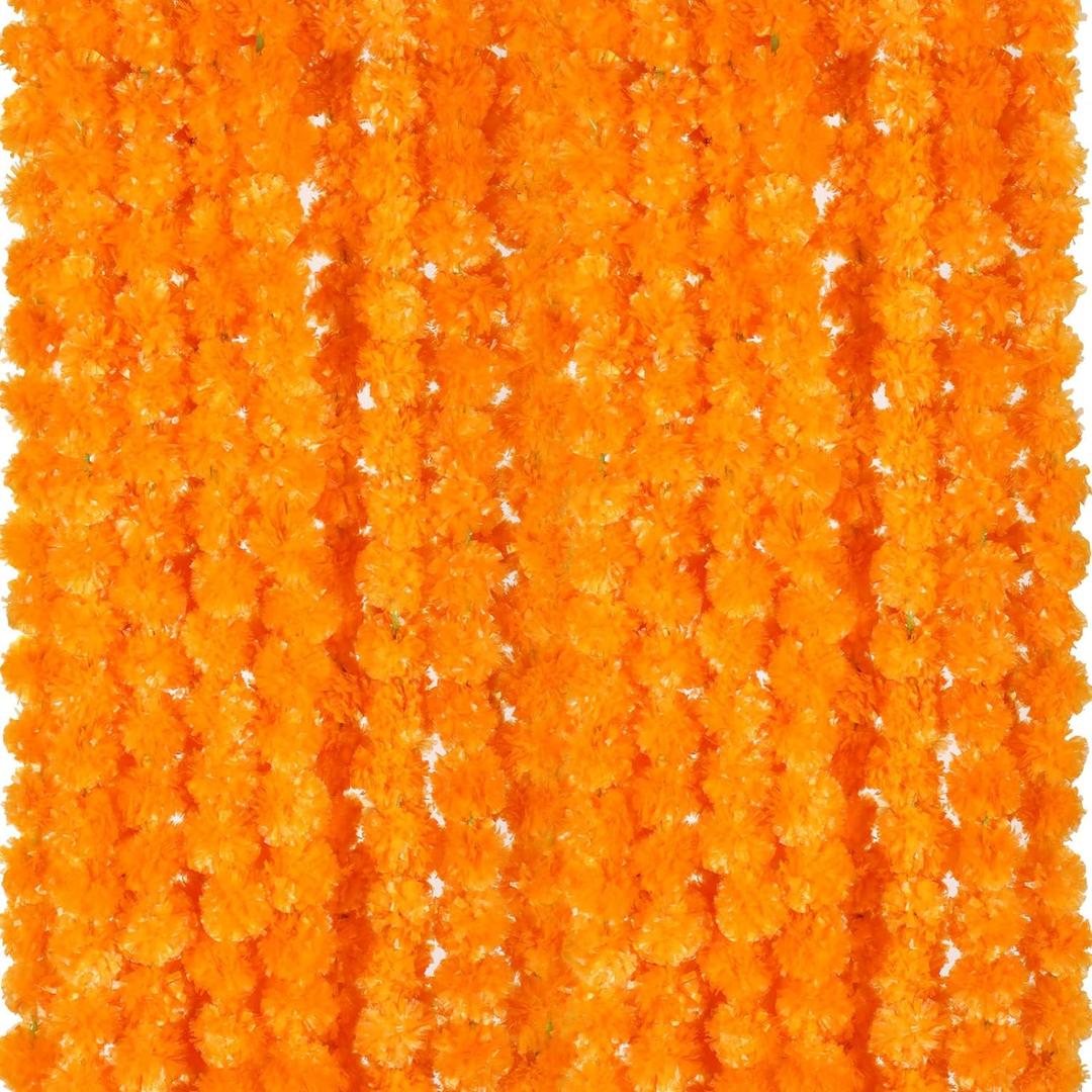 Giegxin 15 Pack Marigold Garland for Decoration 5 ft Long Strands Faux Artificial Marigold Flowers for Dia De Los Muertos Diwali Indian Wedding Party Decorations(Light Orange)