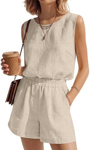 Ficerd Womens 2 Piece Summer Outfits Linen Short Sets Round Neck Sleeveless Tank Top Elastic High Waisted Shorts with Pockets(Linen Color,Medium)