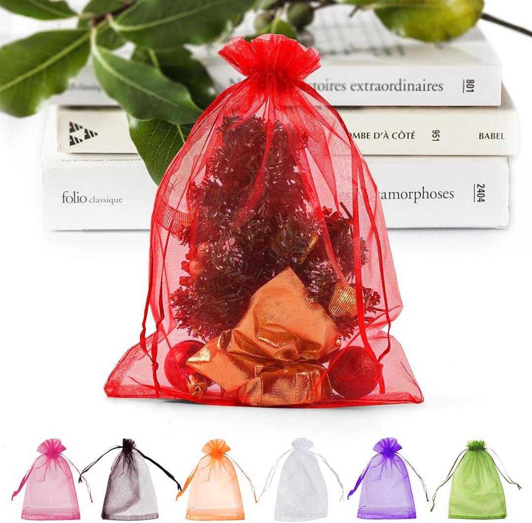 ANZNKU 50 Pack Red Organza Bags 6x9 inches Mesh Bags Drawstring, Sheer Mesh Bag Drawstring, Gift Bag for Easter Gift Party, Wedding Mesh Festival Makeup Favor Pouch