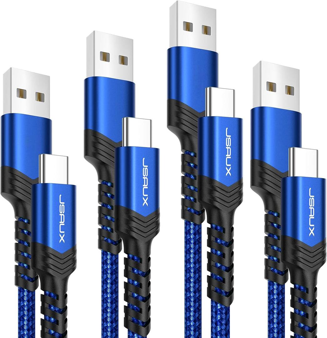 JSAUX USB C Cable 4-Pack [10ft+6.6ft+3.3ft+3.3ft], USB A to Type C Fasting Charging Cord Compatible with iPhone 16/16 Pro/16 Pro Max/15, Samsung Galaxy S24 S23 S22 Note 20 10 Blue