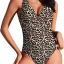 AI'MAGE Women's One Piece Swimsuit Deep V Neck Bathing Suit Scallop Trim Swim Suits Crisscross Back Tie Slimming Swimwear (Medium,Leopard)