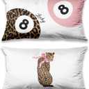 Pink Trendy Leopard Print Y2K Luck 8 Ball Pillow Covers 20x12 Set of 2, Funky Y2K Coquette Bow Preppy Cheetah Lucky 8 Ball Aesthetic Pillow Covers for Girls Room Dorm Apartment，A121