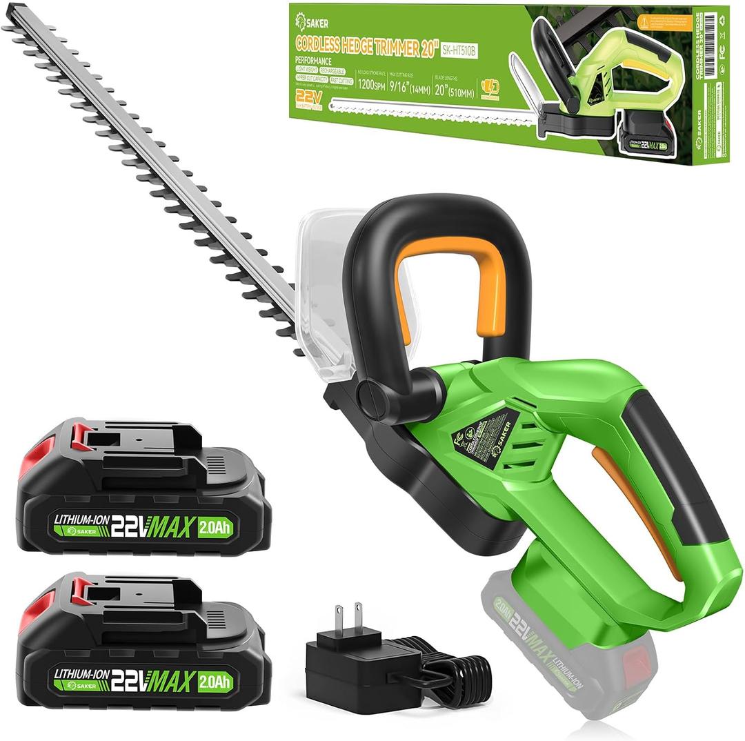 Saker Cordless Hedge Trimmer, 20 22V Electric Bush Trimmer Handheld Shrub Trimmer, Lightweight Hedge Clippers with Dual-Action Blades, 9/16" Cutting Capacity, 2 Batteries and Charger Included