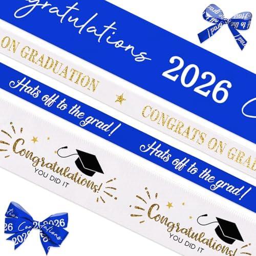 4 Rolls 20 Yard Graduation Ribbon Graduation Hat Star Printed Grosgrain Ribbons White Blue Ribbons Gift Wrapping Congratulations 2026 Satin Ribbon for Graduation Party Favors Decor for Gift Wrapping