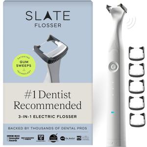Slate Electric Flosser - Rechargeable | 3-in-1 Dentist-Invented with Reusable Floss Heads, Gum Brushes & Tongue Scraper | More Effective Than String or Water Floss (White)