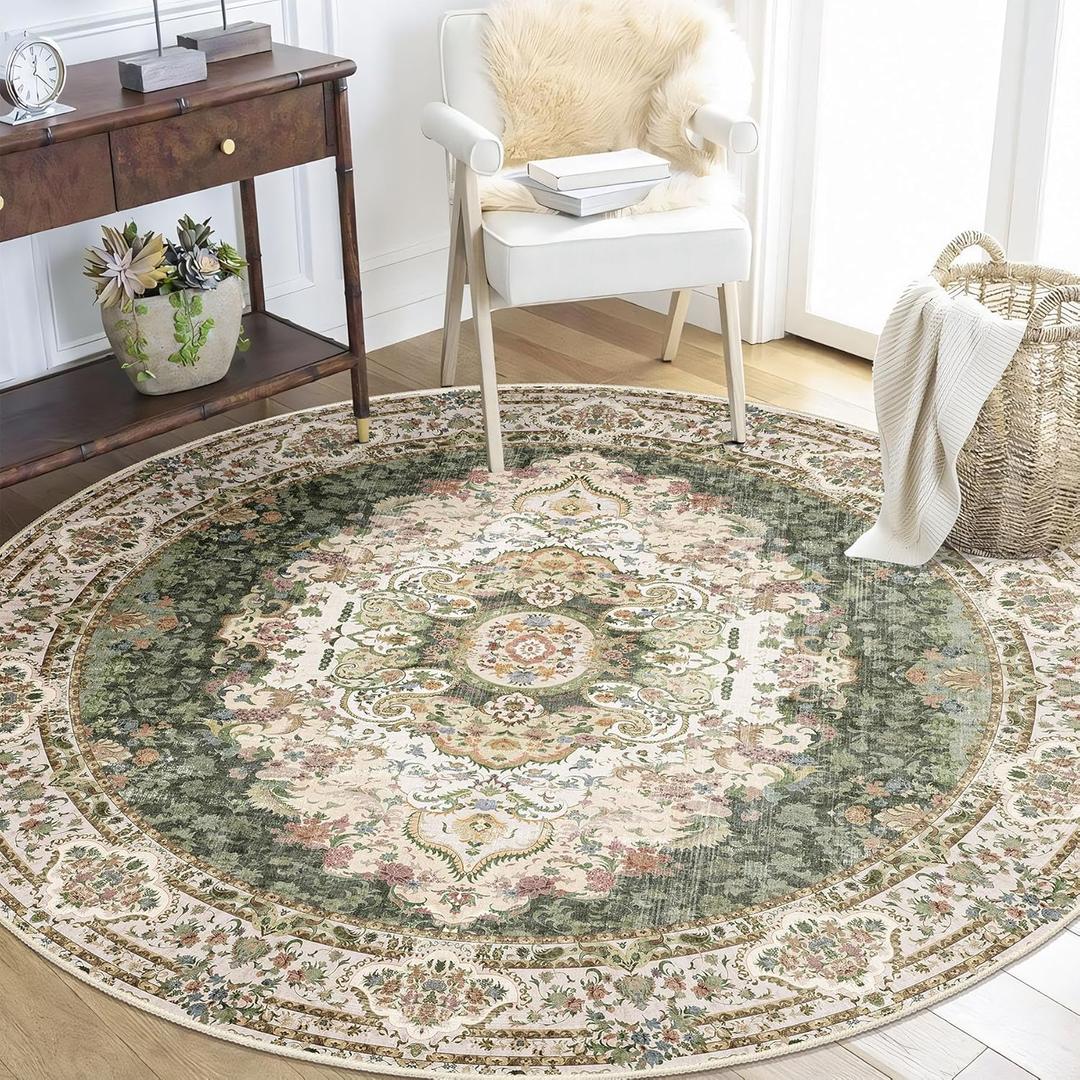 Green Round Rug 5ft, Circle Boho Area Rugs for Bedroom Living Room,Washable Vintage Bohemian Distressed Oriental Carpet Non Slip,Sage Floral