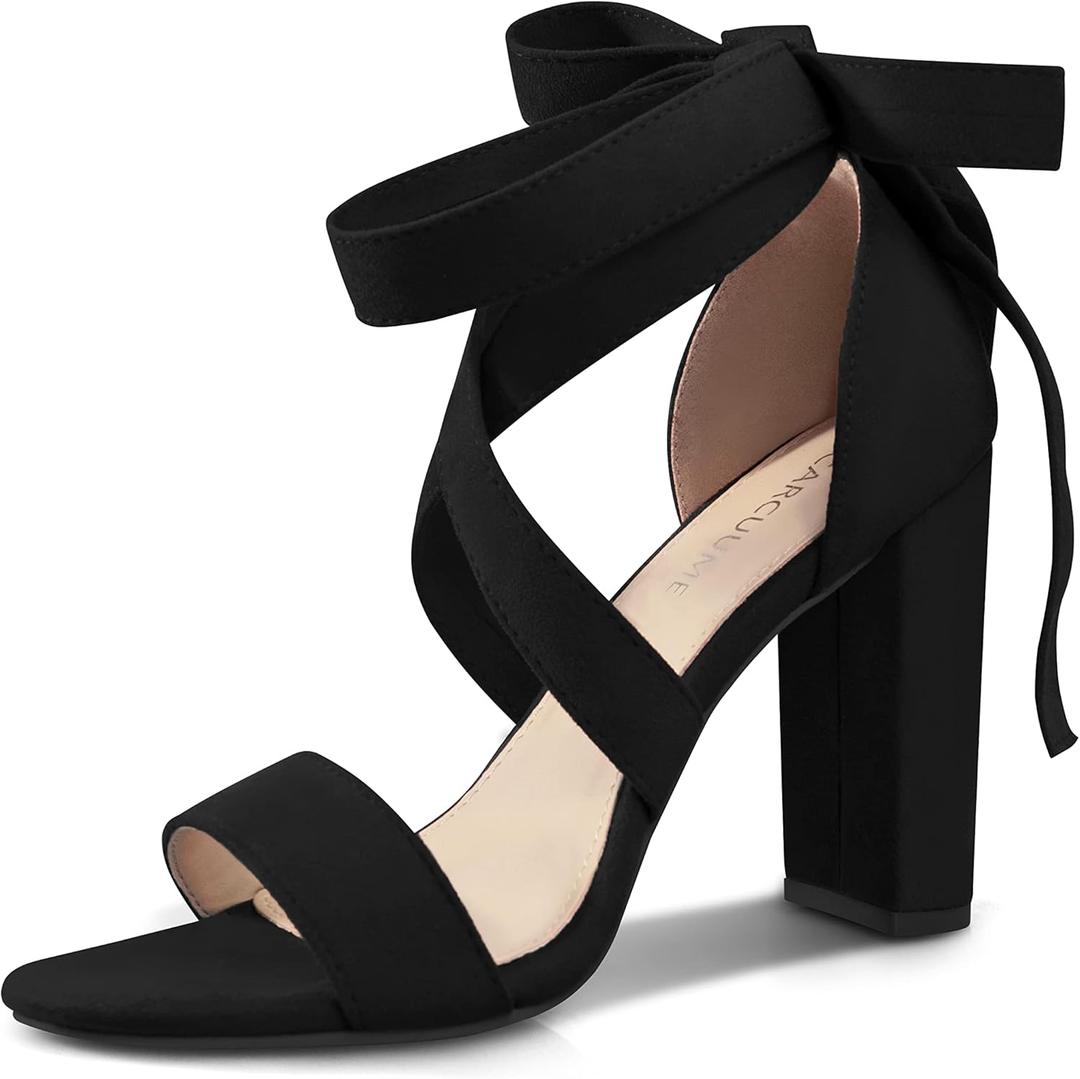 Strappy Heels for Women Chunky Heels High Heeled Sandals with Lace Up Fahsion Casual Nude Block Heel Sandals 9