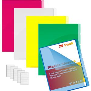 Better Office Products Poly Project Document Pockets, 25 Pack, 1/5 Cut Tabs, Plastic File Jacket Sleeves for Letter Size Paper, 5 Translucent Colors, 5 Full Sets of Tabbed Folders