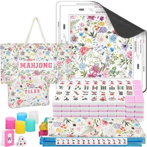 179 Pcs American Mahjong Tile Set with Floral Carrying Bags 166 Tiles 4 All in One Color Racks Pushers Mat Accessories Mahjong Game Set for Family Game Night Gifts Travel Home Play, 31.5 x 31.5 inches
