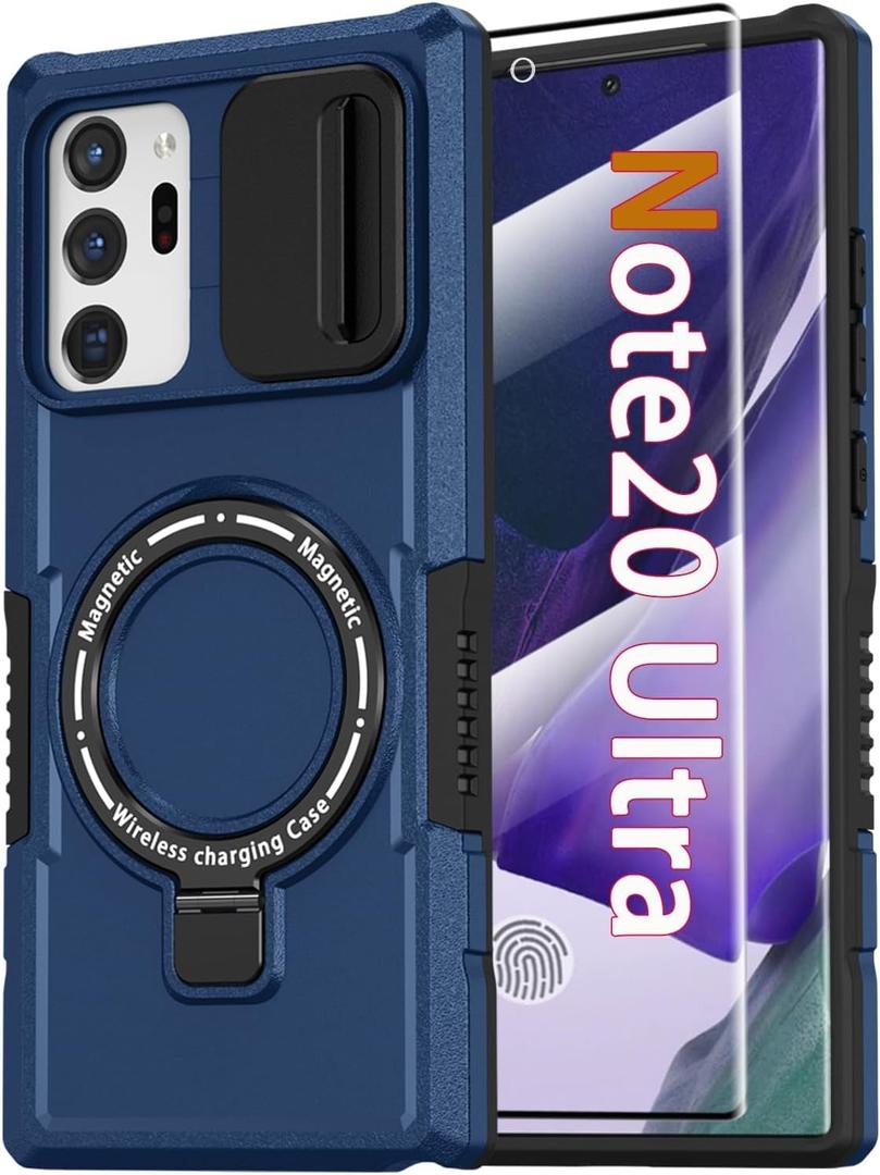 Magnetic Case for Samsung Galaxy Note 20 Ultra with Ring Stand [Compatible with MagSafe Wireless Charging] [Screen Protector] Military Grade Heavy Duty Shockproof Case with Slide Camera Cover, Blue