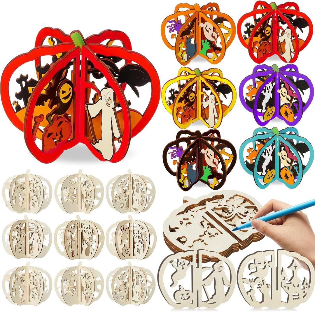 Yalikop 72 Pcs Halloween Wooden Crafts Kits Set 24 Pumpkin DIY 3D Unfinished Wood Slices Coloring Blank Wood Cutouts to Paint for Halloween Table Tray Decor (4.72 x 4 Inches, Ghost Pumpkin Cat)