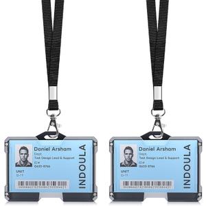 INDOULA 2 Pack Horizontal ID Badge Holder,Badge Holder with Black Lanyard and 4 Cards Slot for Office,ID Credit Cards,Driver's Licenses