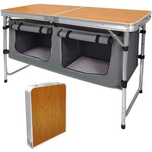 Folding Camping Table with Storage Lightweight Camp Tables Portable Indoor/Outdoor Collapsible Table Height Adjustable Camp Kitchen Perfect for Picnic, Beach, Travel, Tailgating, Backyards, BBQ, Party