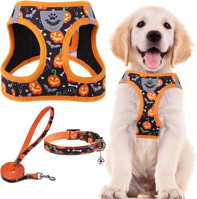 PUPTECK Adjustable Dog Harness Collar and Leash Set Step in No Pull Pet Harness for Small Medium Dogs Puppy and Cats Outdoor Walking Running, Soft Mesh Padded Reflective Vest Harnesses, Halloween, Medium