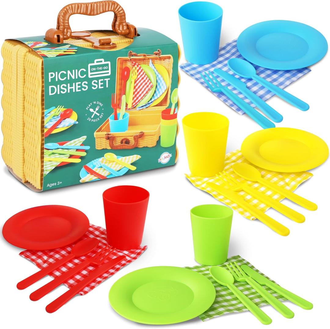Kids Picnic Basket Toy Dishes, 25 Piece Plastic Tea Party Set - Colored Pretend Play Dishes Playset, Toddlers Kitchen Toys for Boys and Girls, Ages 3+