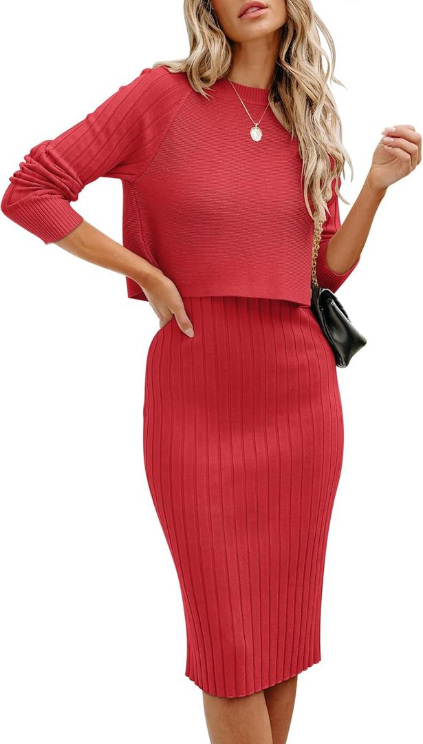 ANRABESS Womens 2 Piece Outfits Sweater Dresses Set Midi Skirt Sets Long Sleeve Crop Top Bodycon Ribbed Knit Dress 2025 Fall Medium