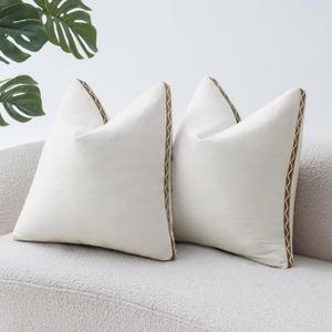 Decorative Neutral Linen Throw Pillow Covers 18x18 Inch Set of 2, Cream White Boho Farmhouse Pillow Covers with Braid Fringe for Sofa Bed Modern Couch Pillow Cases for Organic Home Decor