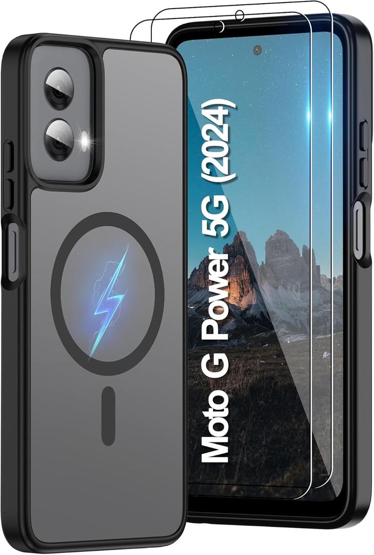 Pilaru Magnetic for Motorola Moto G Power 5G 2024 Case:(12FT Military Grade Drop Protection) Translucent Matte Slim-Shockproof Non Slip Anti-Fingerprint Hard Rugged Protective for GPower 2024 (Black)